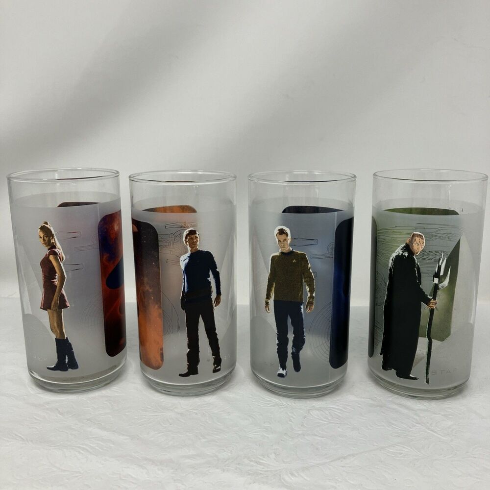 Complete Set4 STAR TREK Character Frosted Glasses 16oz Kirk Spock Uhura Nero ‘08